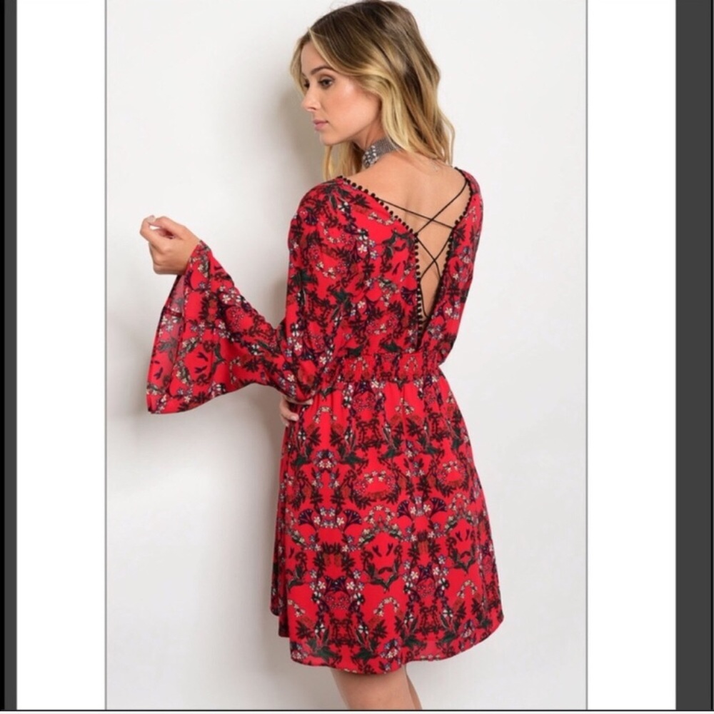 Red Floral Bell Sleeves BOHO Dress